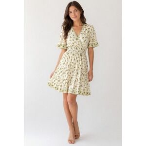 Lemon Print Smocked Tiered Mini Dress S NWT Boho Cottagecore Vacation Max Studio